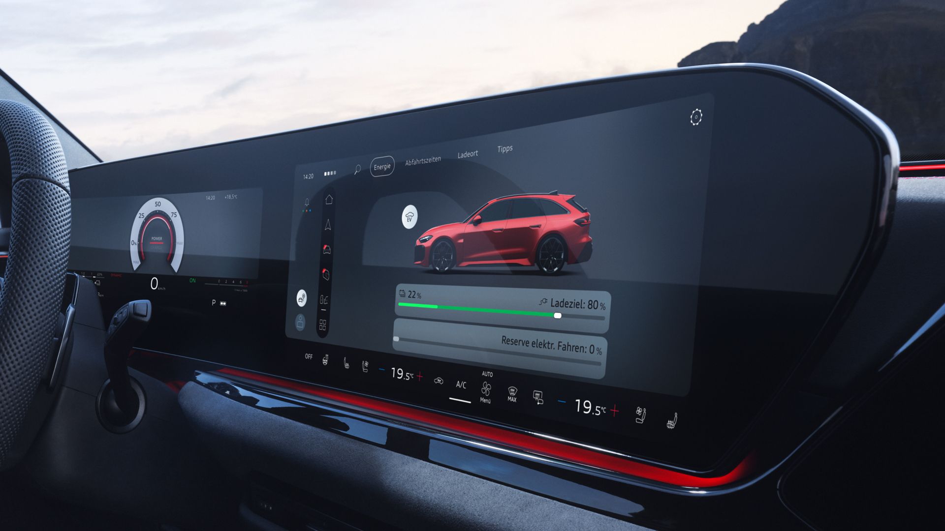 Nahaufnahme des MMI touch-Displays mit Wahl zwischen EV-Fahrmodus und Hybrid-Modus.