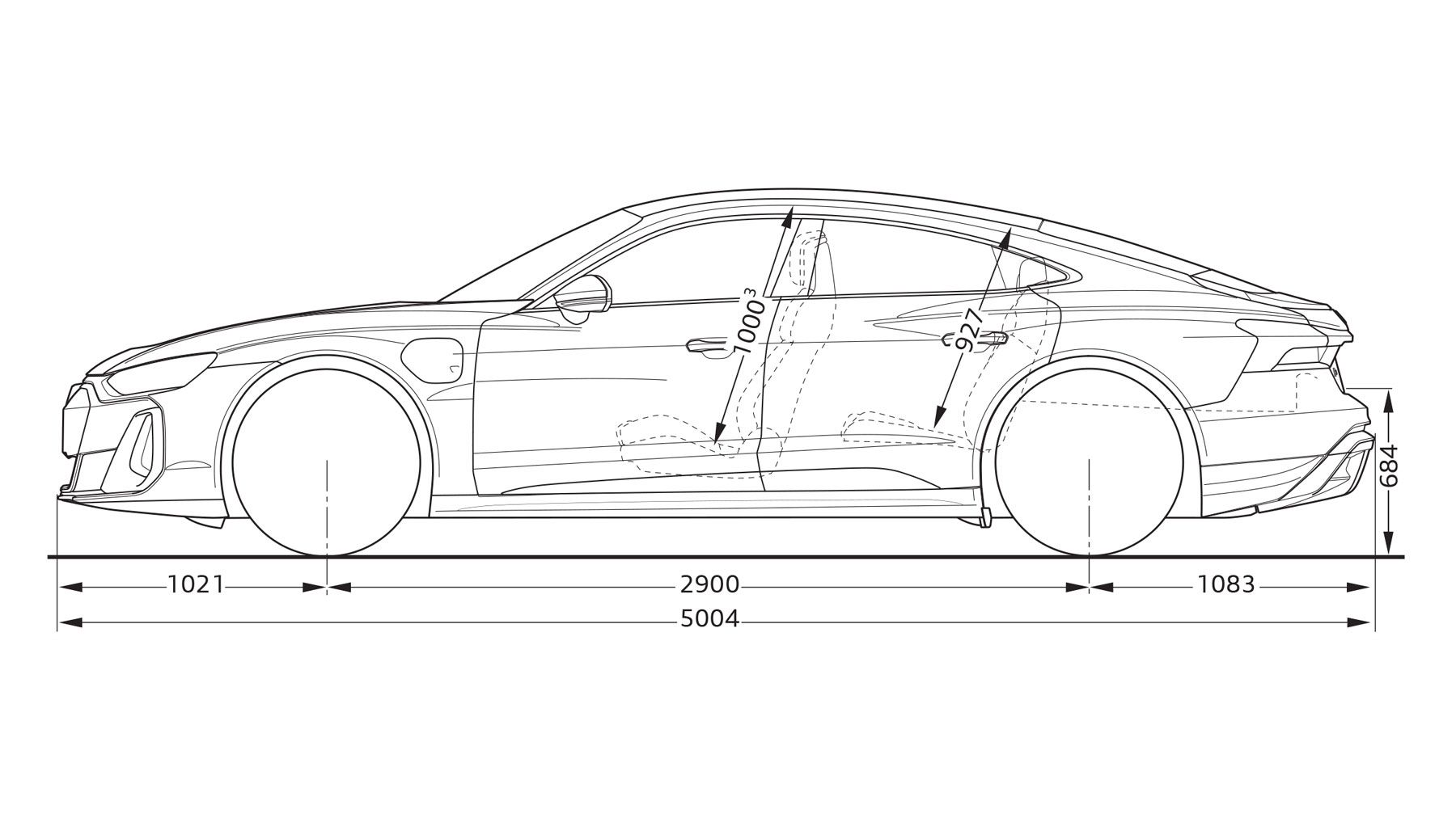 Technische Zeichnung des Audi e-tron GT quattro von der Seite mit Abmessungen